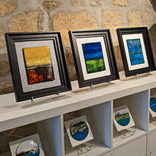 Load image into Gallery viewer, Collection Les grandes Terres . émaux d&#39;art sur civre : 3 pièces uniques  coloris, vertetbleu, ocre et jaune, bleu

