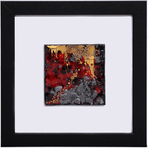 Composition murale contemporaine, représentation des quatre éléments de la création du monde, ici la terre. Les couleurs sont rouge, gris et or.
